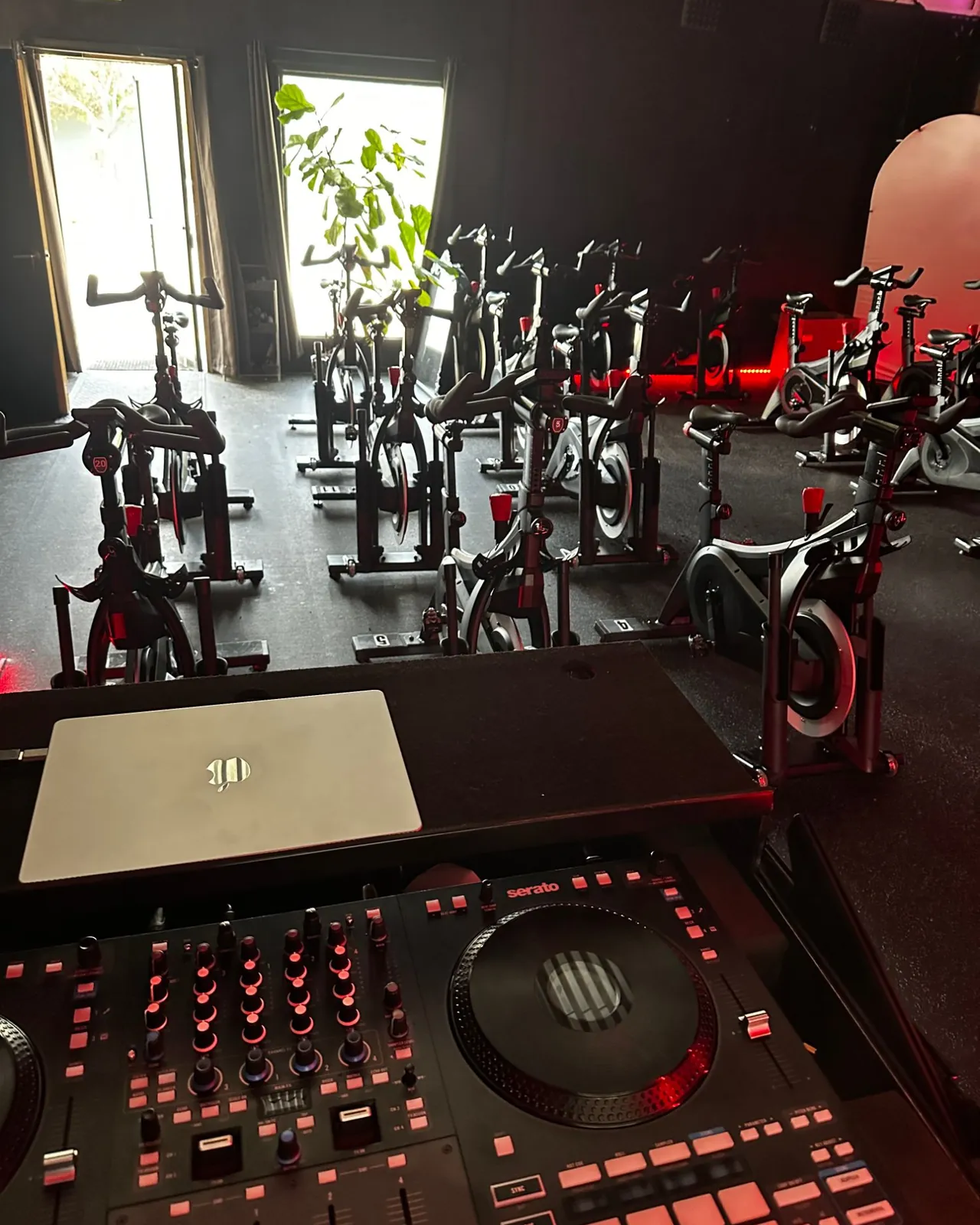 DJ Lowso’s controller overlooking the bikes at Velocity Ventura, an indoor cycling studio